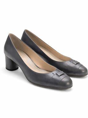 Moses Grace Storia Steel Gray Leather Round Block Heel Pumps 40.5 Luxury